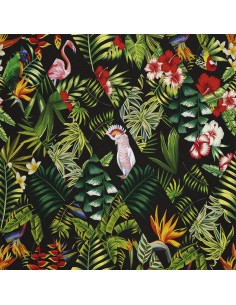 OUTDOOR DEKOSTOFFE OXFORD - Motiv exotische Blumen und Papageien I DX158