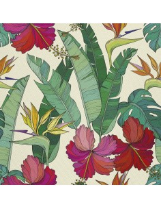 OUTDOOR DEKOSTOFFE OXFORD - Motiv Hibiskus auf Bananenblättern I DX304