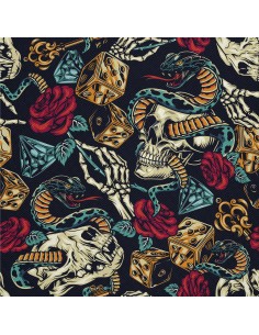 OUTDOOR DEKOSTOFFE OXFORD - Motiv Skelette Schlangen Würfel Rosen I DX590