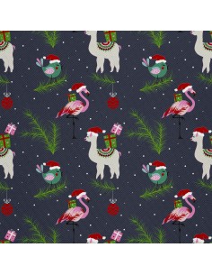 OUTDOOR DEKOSTOFFE OXFORD - Motiv Flamingo und Lama mit Geschenken I DX593