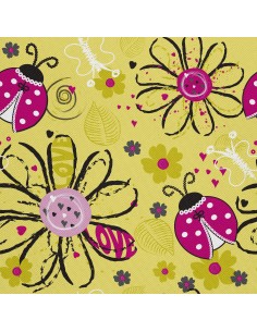 OUTDOOR DEKOSTOFFE OXFORD - Motiv Blumen und Marienkäfer auf gelbem I DX631