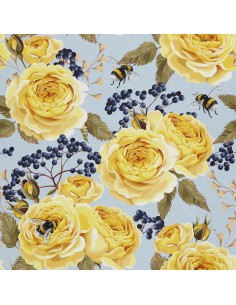 OUTDOOR DEKOSTOFFE OXFORD - Motiv gelbe Rosen auf blauem I DX452