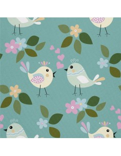OUTDOOR DEKOSTOFFE OXFORD - Motiv verliebte Vögel, Blumen I DX467