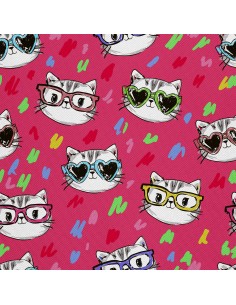OUTDOOR DEKOSTOFFE OXFORD - Motiv Kätzchen mit Brille auf rosa I DX468
