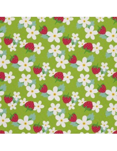 OUTDOOR DEKOSTOFFE OXFORD - Motiv Erdbeeren und Blumen auf grünem I DX471