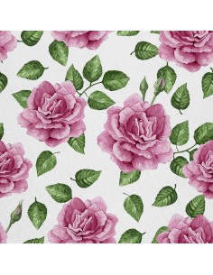 OUTDOOR DEKOSTOFFE OXFORD - Motiv rosa Rosen und grüne Blätter