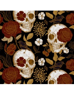 OUTDOOR DEKOSTOFFE OXFORD - Motiv Schädel Blumen Vögel