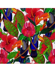 OUTDOOR DEKOSTOFFE OXFORD - Motiv gemalte Blumen und Tukane