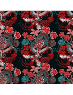 OUTDOOR DEKOSTOFFE OXFORD - Motiv Drache und Phönix in Blumen