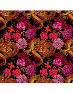 OUTDOOR DEKOSTOFFE OXFORD - Motiv Drache in rosa Blüten