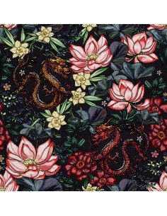 OUTDOOR DEKOSTOFFE OXFORD - Motiv chinesischer Drache in Blumen