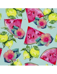 OUTDOOR DEKOSTOFFE OXFORD - Motiv Wassermelone und Zitrone Aquarell