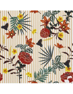 OUTDOOR DEKOSTOFFE OXFORD - Motiv Blumen auf orangen Streifen