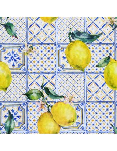 OUTDOOR DEKOSTOFFE OXFORD - Motiv Zitronen auf einem blauen Ornament