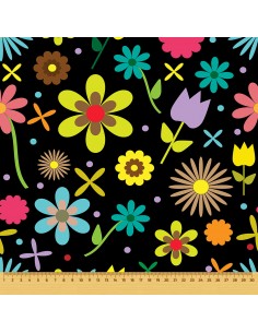 OUTDOOR DEKOSTOFFE OXFORD - Motiv bunte Blumen auf schwarzem