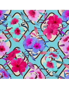 OUTDOOR DEKOSTOFFE OXFORD - Motiv Hibiskus auf blauem