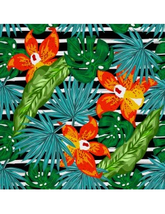 OUTDOOR DEKOSTOFFE OXFORD - Motiv Blumen und Blätter auf den Streifen