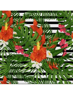 OUTDOOR DEKOSTOFFE OXFORD - Motiv Exotische Blumen auf den Streifen