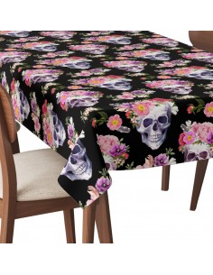 Tischdecke Abwaschbar Tischtuch Gartentischdecke Fleckschutz Wasserabweisend Tafeldecke - Schädel mit Blumen