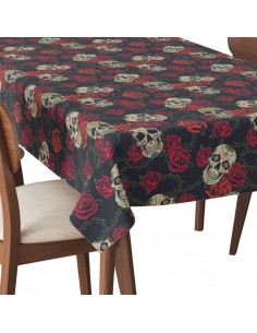 Tischdecke Abwaschbar Tischtuch Gartentischdecke Fleckschutz Wasserabweisend Tafeldecke - Totenköpfe und Rosen mit Dornen