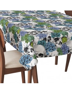 Tischdecke Abwaschbar Tischtuch Gartentischdecke Fleckschutz Wasserabweisend Tafeldecke - Totenköpfe und Blumen auf schwarzem
