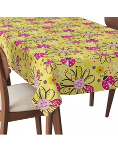 Tischdecke Abwaschbar Tischtuch Gartentischdecke Fleckschutz Wasserabweisend Tafeldecke - Blumen und Marienkäfer auf gelbem