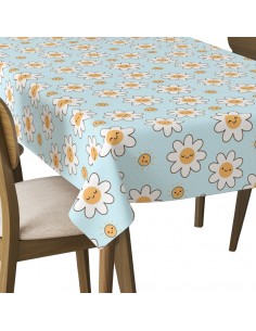 Tischdecke Abwaschbar Tischtuch Gartentischdecke Fleckschutz Wasserabweisend Tafeldecke - Blumen und Sonnen mit Smileys