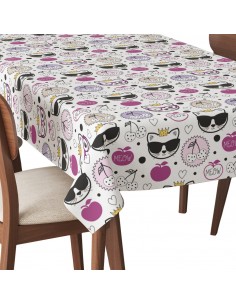 Tischdecke Abwaschbar Tischtuch Gartentischdecke Fleckschutz Wasserabweisend Tafeldecke - Kätzchen mit Brille, Apfel und Kirsche