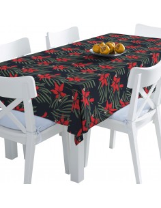 Tischdecke Abwaschbar Tischtuch Gartentischdecke Fleckschutz Wasserabweisend Tafeldecke - rote Blumen auf schwarzem