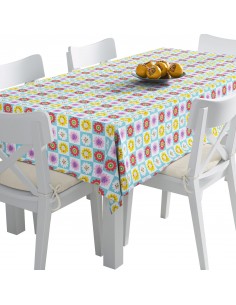 Tischdecke Abwaschbar Tischtuch Gartentischdecke Fleckschutz Wasserabweisend Tafeldecke - Retro-Blumen auf Quadraten