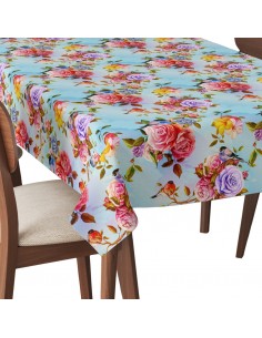 Tischdecke Abwaschbar Tischtuch Gartentischdecke Fleckschutz Wasserabweisend Tafeldecke - Blumen und Vögel auf blauem