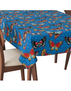 Tischdecke Abwaschbar Tischtuch Gartentischdecke Fleckschutz Wasserabweisend Tafeldecke - Schmetterlinge auf blauem gepunktetem