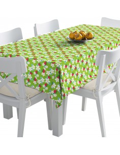 Tischdecke Abwaschbar Tischtuch Gartentischdecke Fleckschutz Wasserabweisend Tafeldecke - Erdbeeren und Blumen auf grünem
