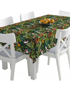 Tischdecke Abwaschbar Tischtuch Gartentischdecke Fleckschutz Wasserabweisend Tafeldecke - exotische Blumen und Papageien