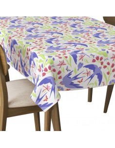 Tischdecke Abwaschbar Tischtuch Gartentischdecke Fleckschutz Wasserabweisend Tafeldecke - Schwalben und Blumen