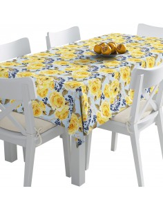 Tischdecke Abwaschbar Tischtuch Gartentischdecke Fleckschutz Wasserabweisend Tafeldecke - gelbe Rosen auf blauem