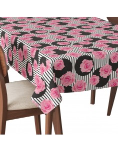 Tischdecke Abwaschbar Tischtuch Gartentischdecke Fleckschutz Wasserabweisend Tafeldecke - Rosen und Kreise auf Streifen