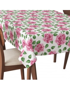 Tischdecke Abwaschbar Tischtuch Gartentischdecke Fleckschutz Wasserabweisend Tafeldecke - rosa Rosen und grüne Blätter