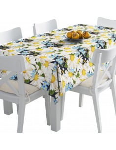 Tischdecke Abwaschbar Tischtuch Gartentischdecke Fleckschutz Wasserabweisend Tafeldecke - Margeriten und Vergissmeinnicht