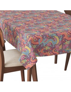 Tischdecke Abwaschbar Tischtuch Gartentischdecke Fleckschutz Wasserabweisend Tafeldecke - Drachen in Blumen