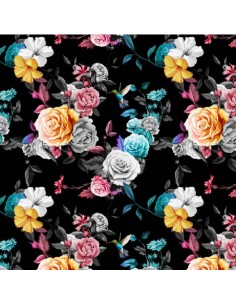 OUTDOOR DEKOSTOFFE OXFORD mit Motiv Rosen auf schwarzem I DR008
