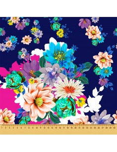 OUTDOOR DEKOSTOFFE OXFORD - Motiv Bunte Blumen auf marineblauem I DR052