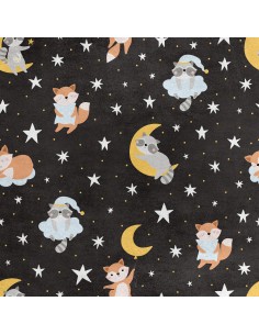Royal Samt Stoff Polyester Zum Nähen - Motiv Waschbär und Fuchs in der Nacht