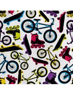 Royal Samt Stoff Polyester Zum Nähen - Motiv Fahrräder, Skateboards und Rollschuhe