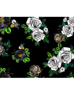 OUTDOOR DEKOSTOFFE OXFORD - Motiv weiße Rosen auf schwarzem Hintergrund I DR112