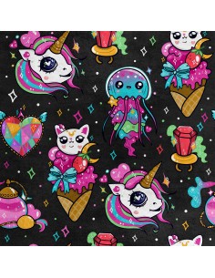 Royal Samt Stoff Polyester Zum Nähen - Motiv verschiedene Kawaii-Elemente