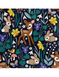 Royal Samt Stoff Polyester Zum Nähen - Motiv Hirsche und Hasen in Blumen