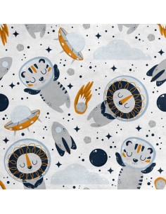 Royal Samt Stoff Polyester Zum Nähen - Motiv Tiger und Löwe im Weltraum