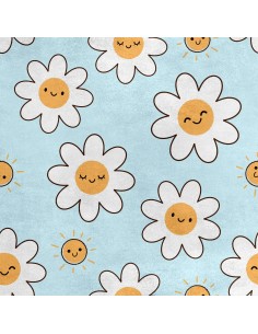 Royal Samt Stoff Polyester Zum Nähen - Motiv Blumen und Sonnen mit Smileys