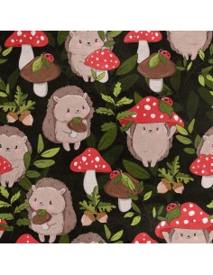 Royal Samt Stoff Polyester Zum Nähen - Motiv Igel und Giftpilz im Wald